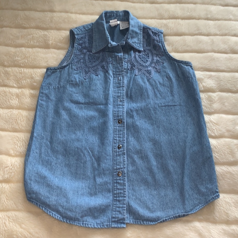 Vtg 90s sleeveless button down blue denim jean tunic shirt lace detail size S M